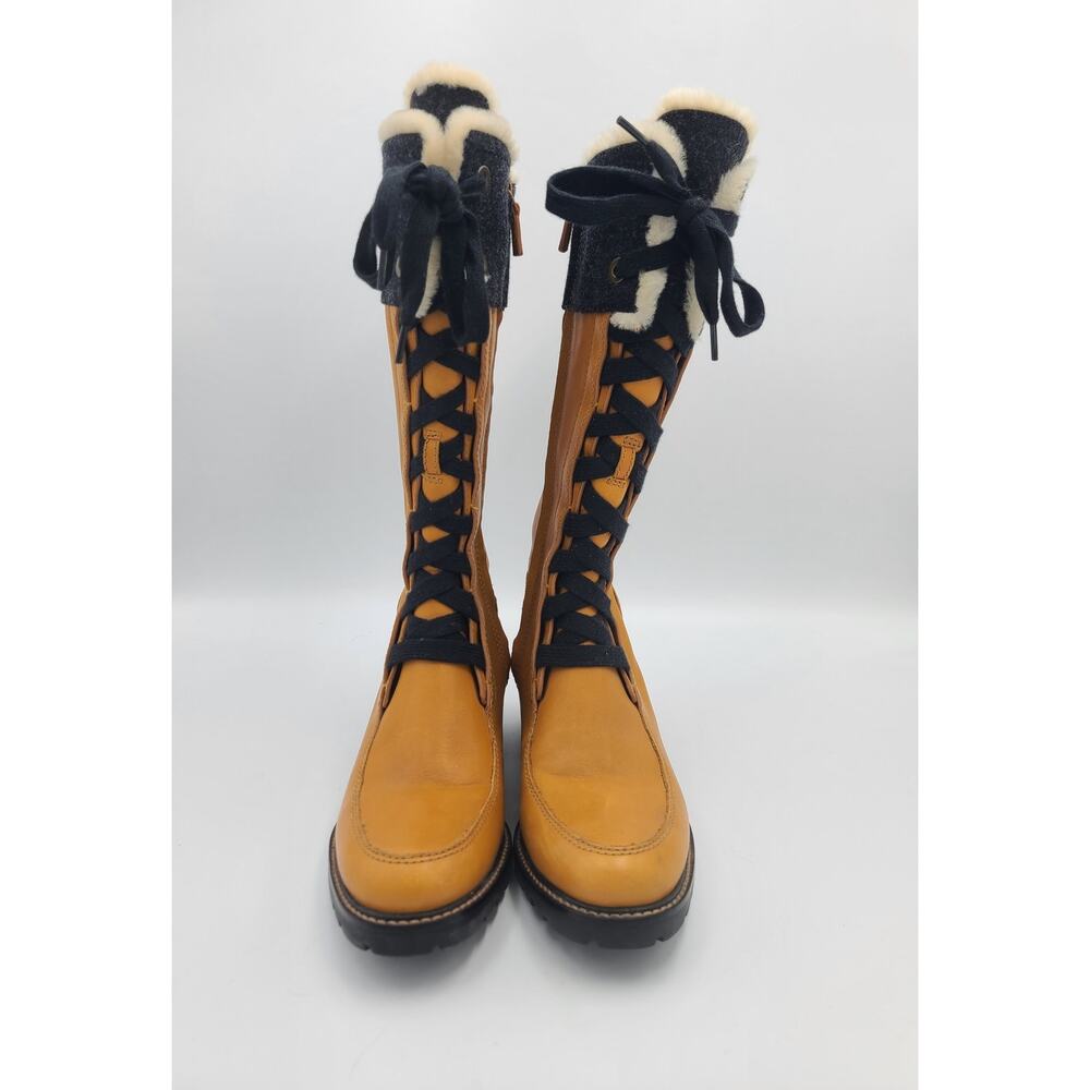 Cole Haan Henson Tall Leather Boots Camel Sherling Lace Up Lug Sole Size 6B - Picture 3 of 10